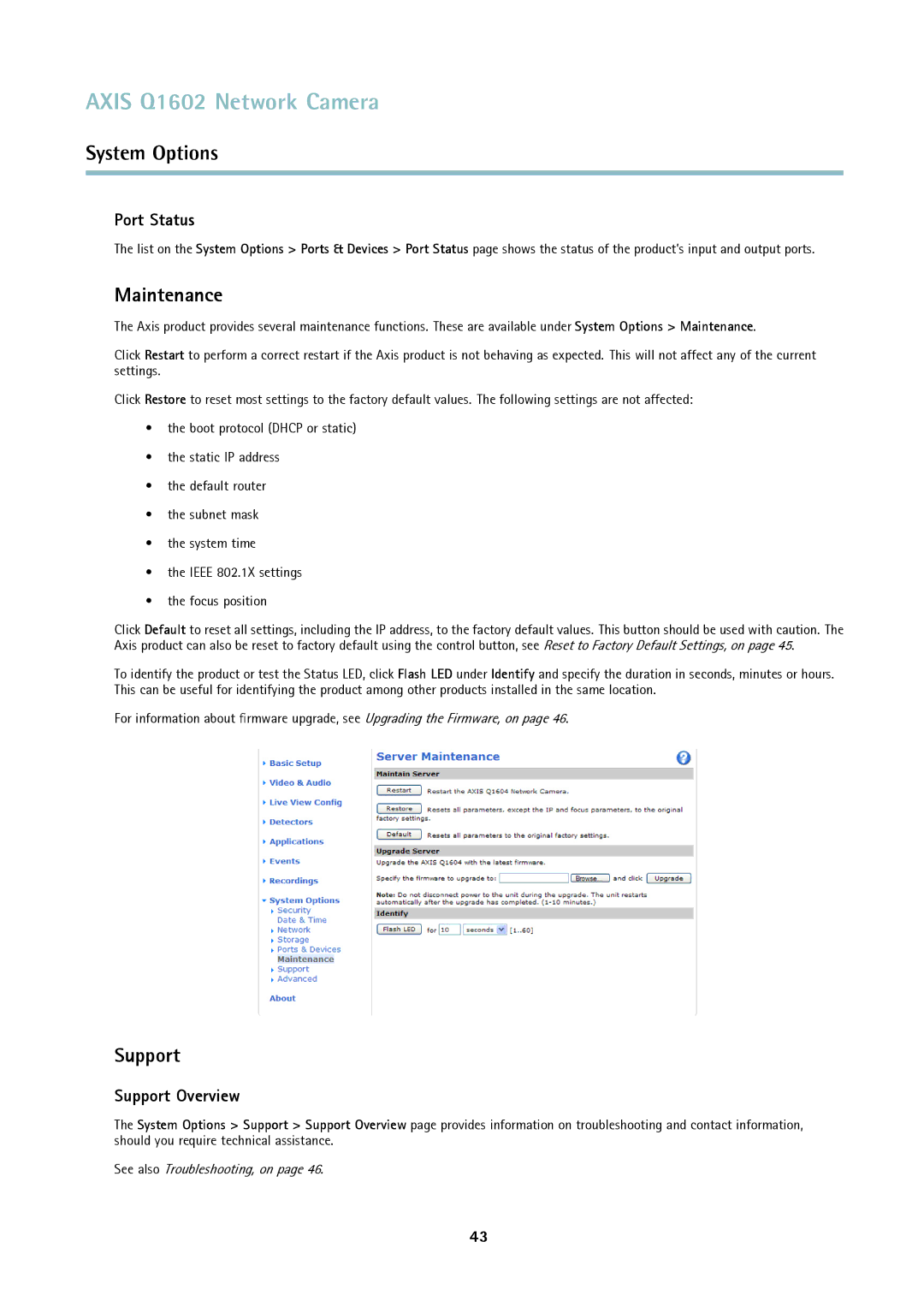 Axis Communications Q1602 user manual Maintenance, Port Status, Support Overview 