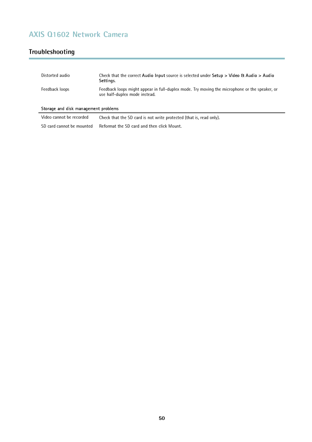 Axis Communications Q1602 user manual Settings, Storage and disk management problems 