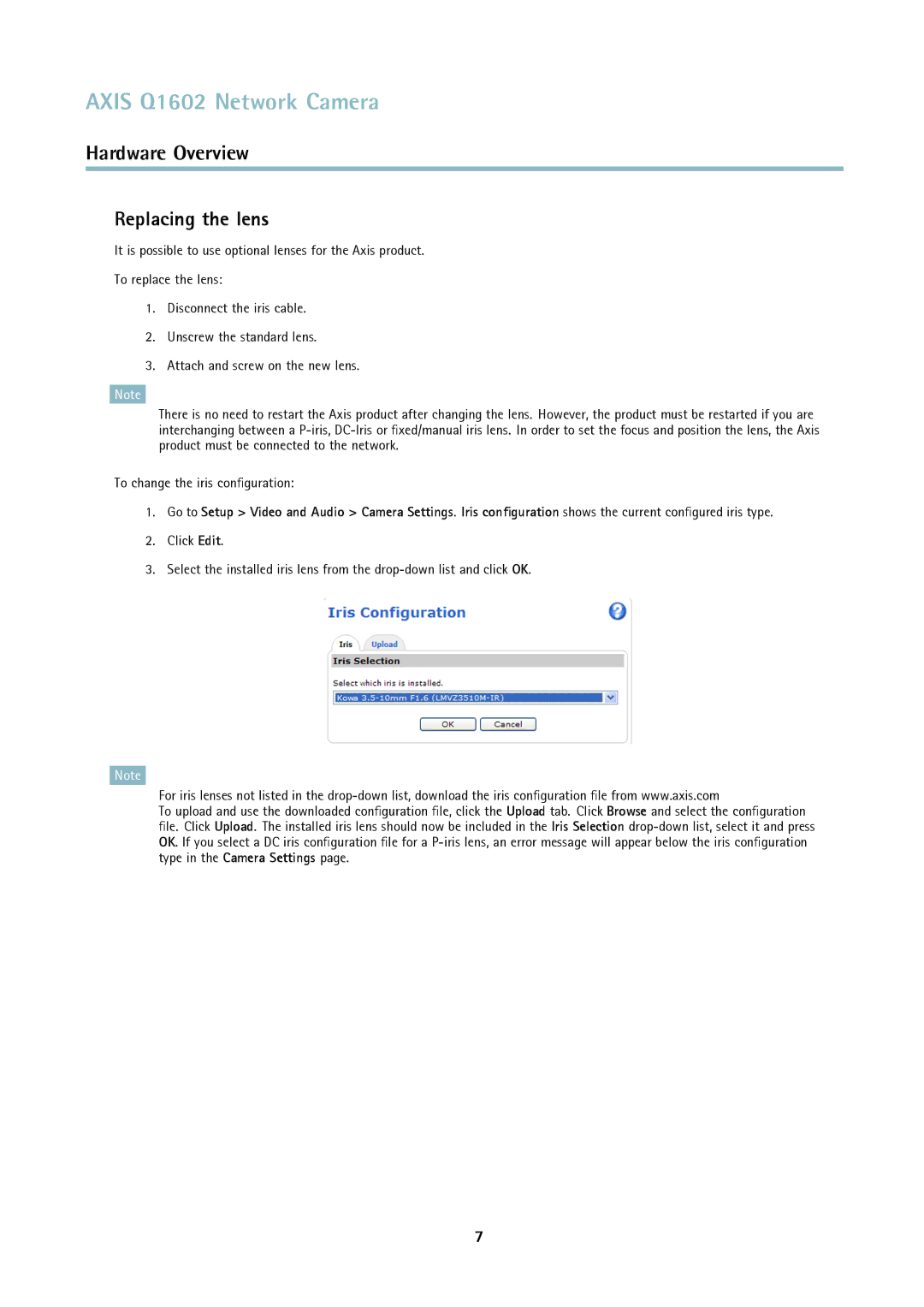 Axis Communications Q1602 user manual Replacing the lens 