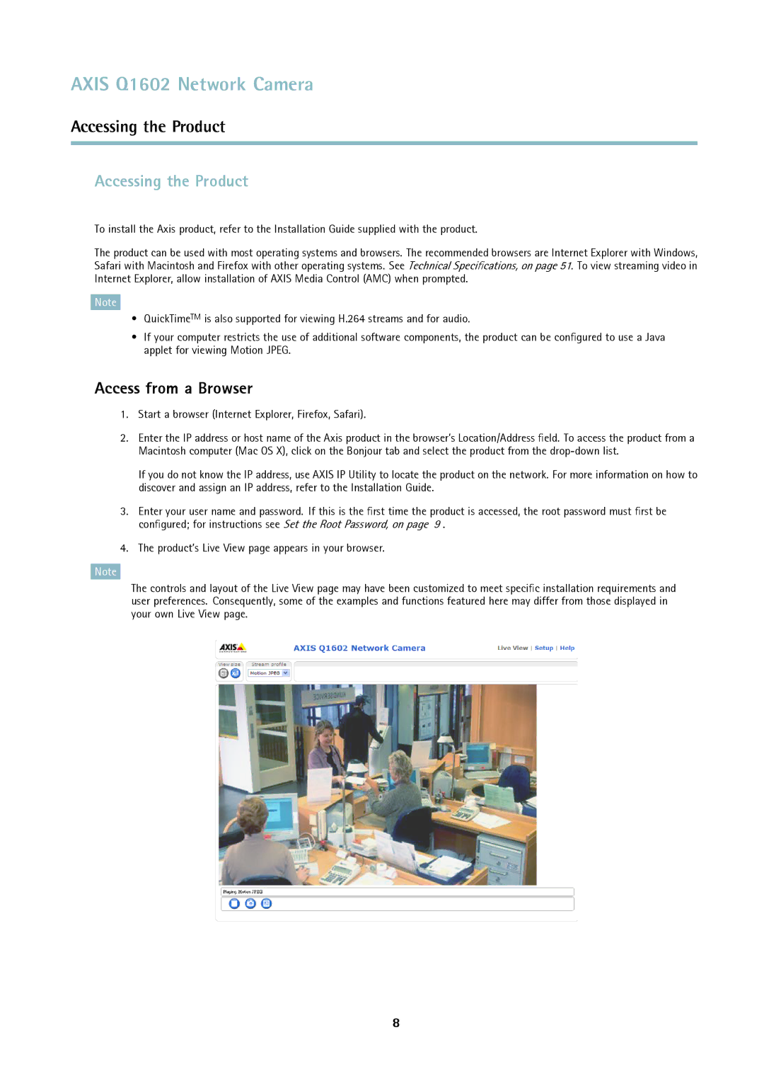 Axis Communications Q1602 Accessing the Product, Access from a Browser, Start a browser Internet Explorer, Firefox, Safari 