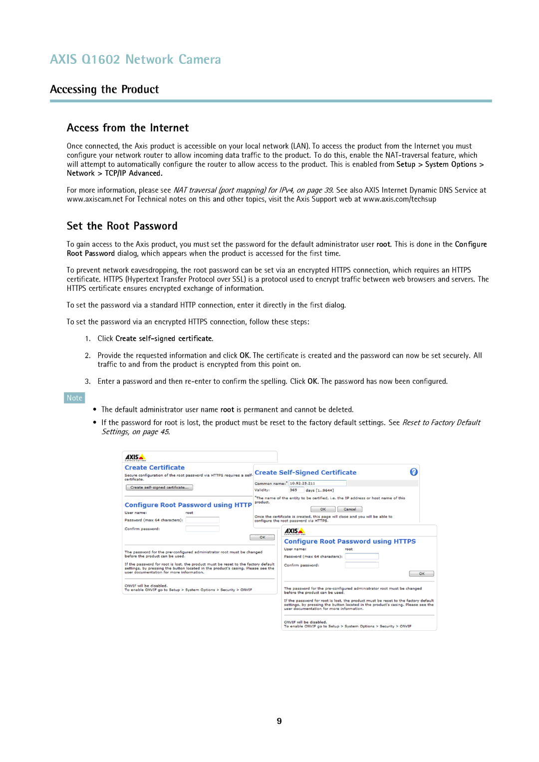 Axis Communications Q1602 user manual Access from the Internet, Set the Root Password, Network TCP/IP Advanced 