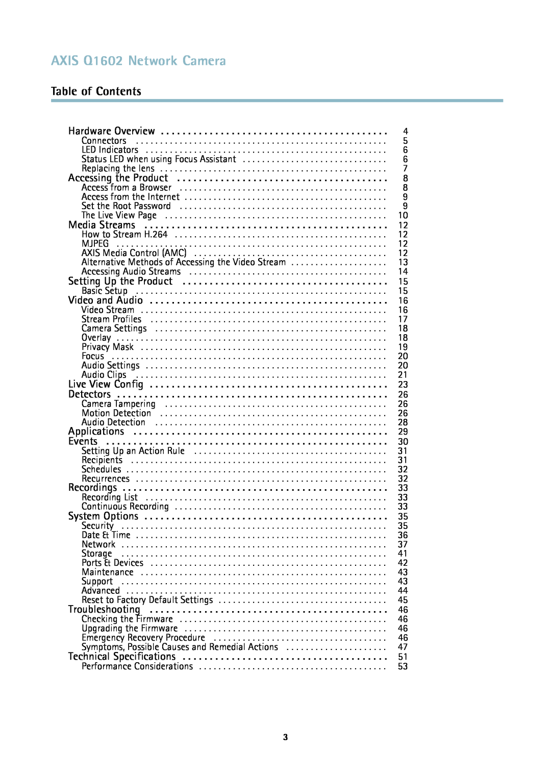 Axis Communications AXIS Q1602 Network Camera, Table of Contents, Media Streams, Setting Up the Product, Applications 