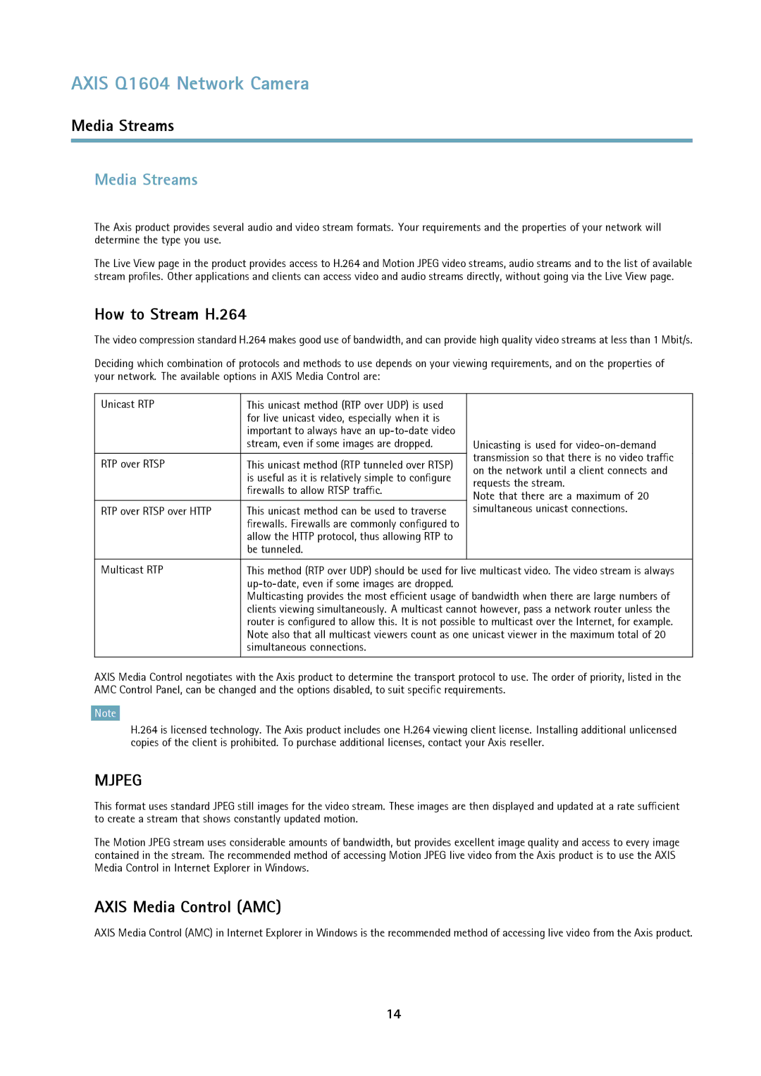 Axis Communications Q1604 user manual Media Streams, How to Stream H.264, Axis Media Control AMC 