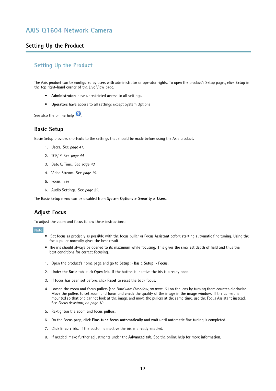 Axis Communications Q1604 user manual Setting Up the Product, Basic Setup, Adjust Focus 