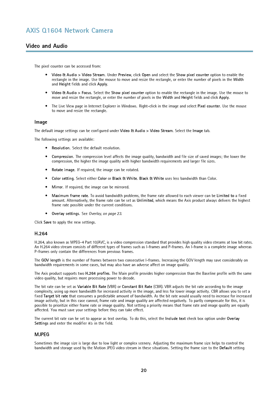 Axis Communications Q1604 user manual Image, 264, Pixel counter can be accessed from, Click Save to apply the new settings 