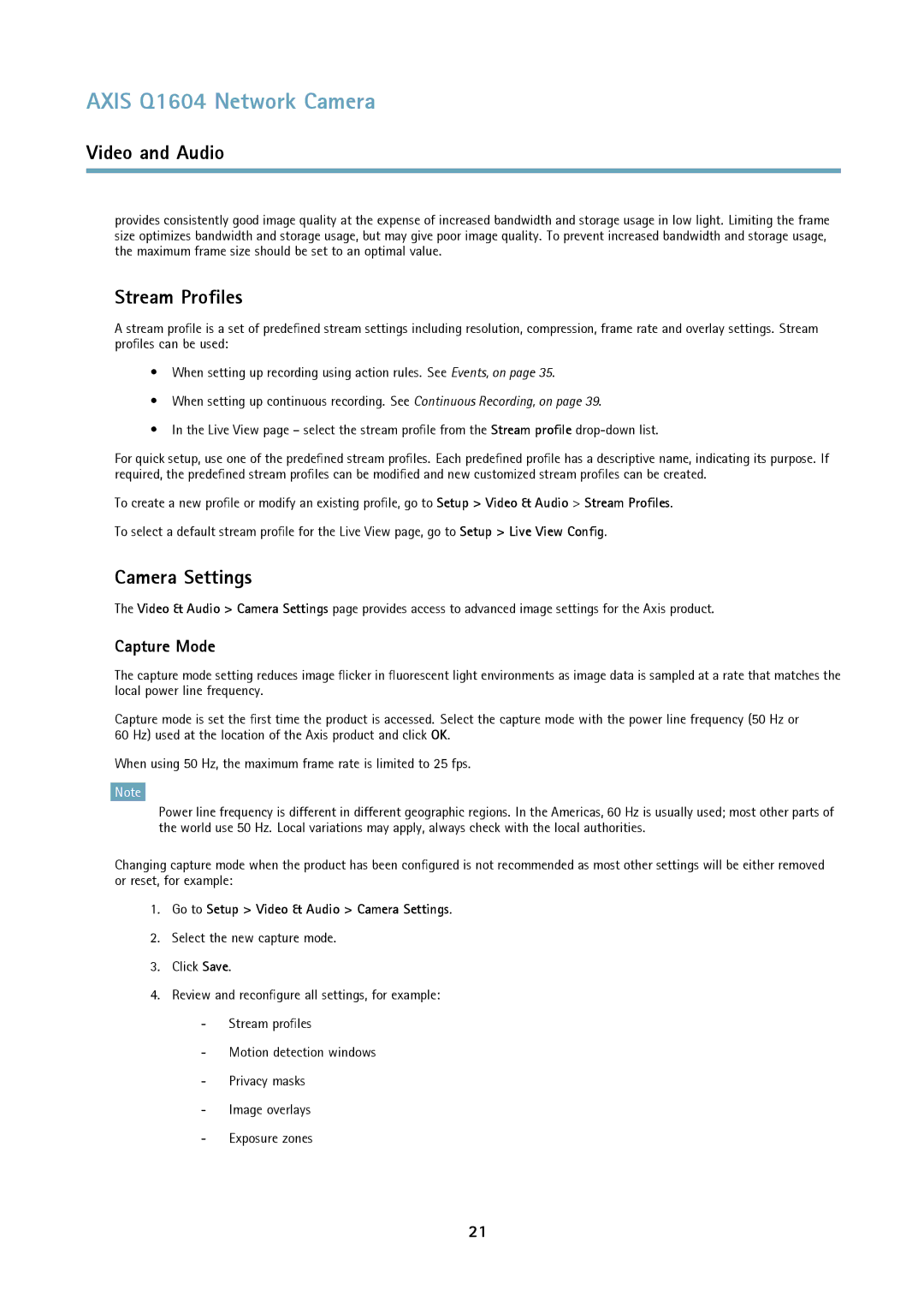 Axis Communications Q1604 user manual Stream Profiles, Capture Mode, Go to Setup Video & Audio Camera Settings 