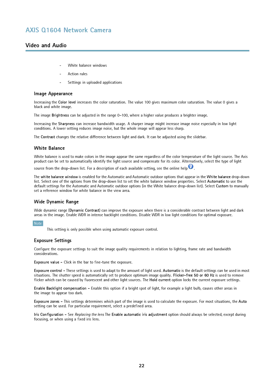 Axis Communications Q1604 user manual Image Appearance, White Balance, Wide Dynamic Range, Exposure Settings 