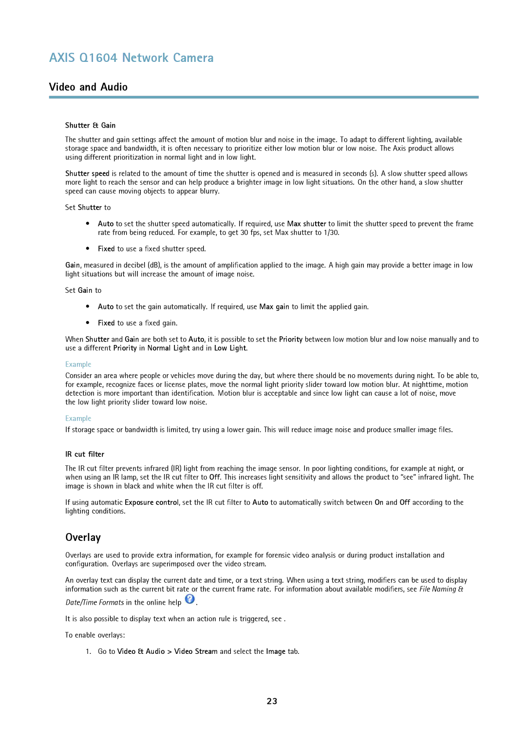 Axis Communications Q1604 user manual Overlay, Shutter & Gain, Set Shutter to, IR cut filter 