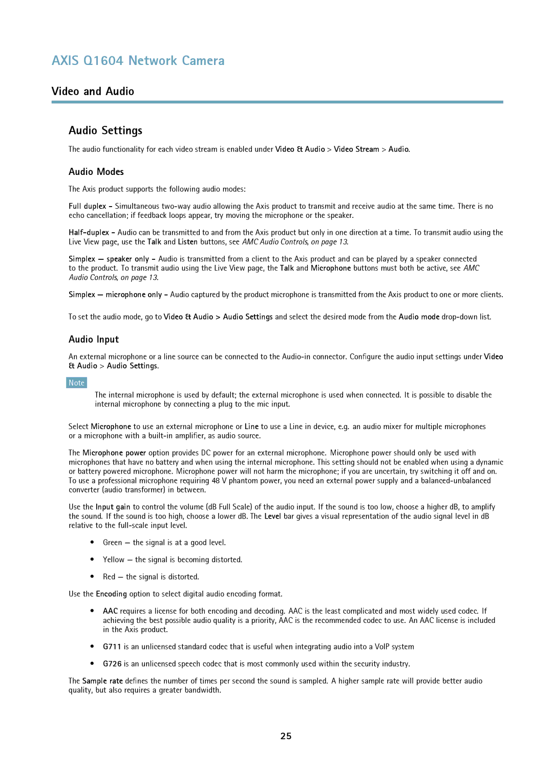 Axis Communications Q1604 user manual Video and Audio Audio Settings, Audio Modes, Audio Input 