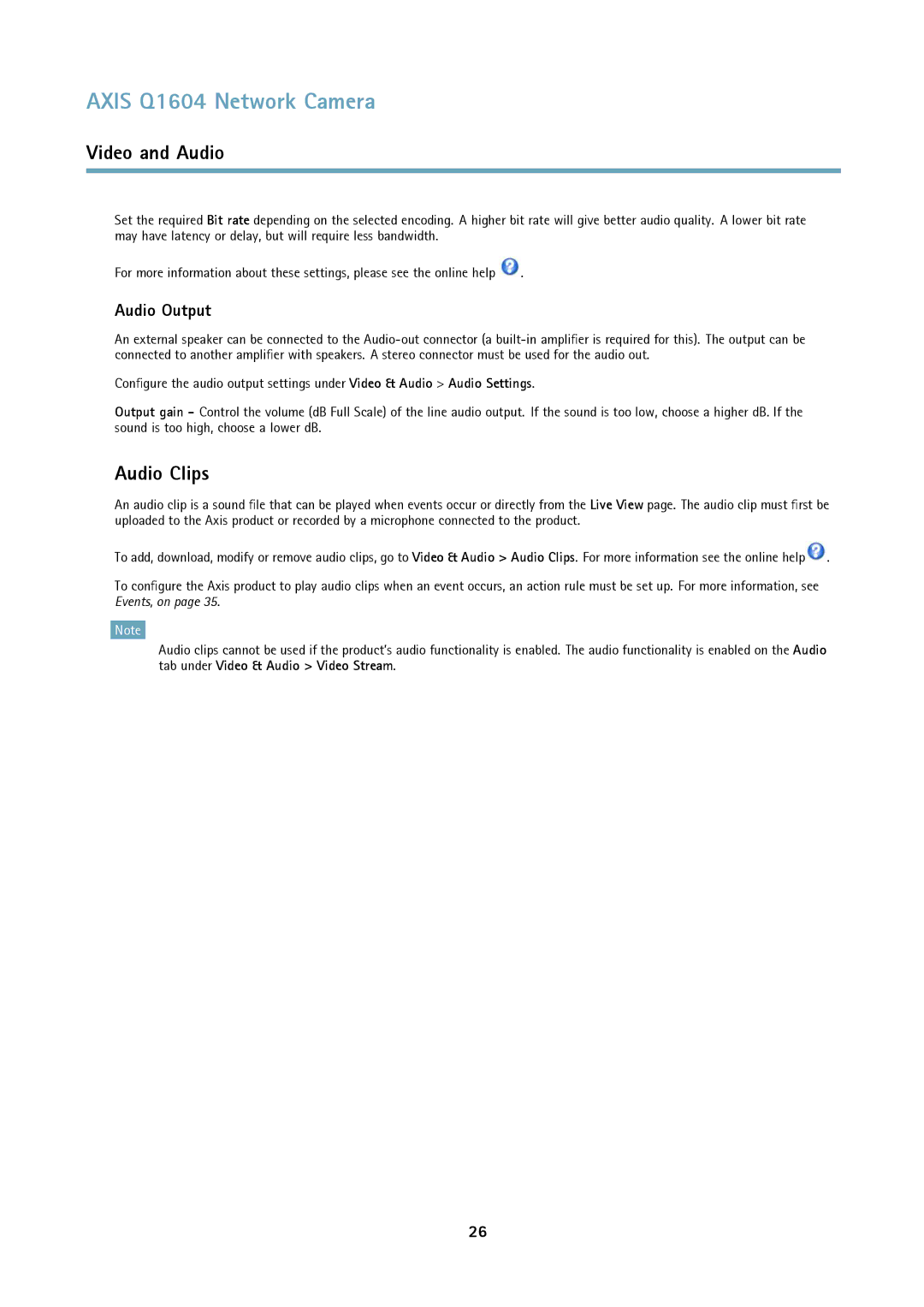 Axis Communications Q1604 user manual Audio Clips, Audio Output 