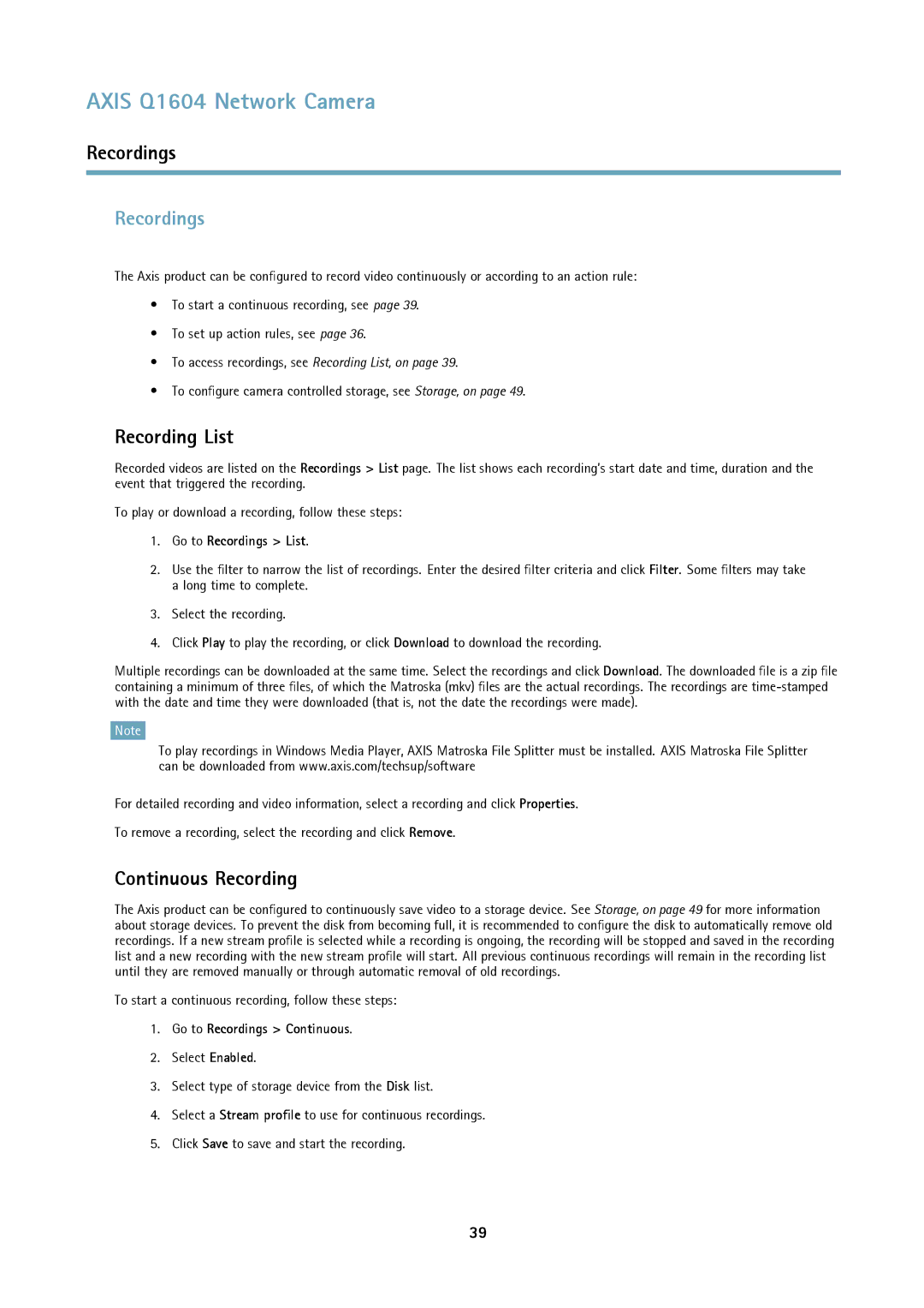 Axis Communications Q1604 user manual Recordings, Recording List, Continuous Recording 