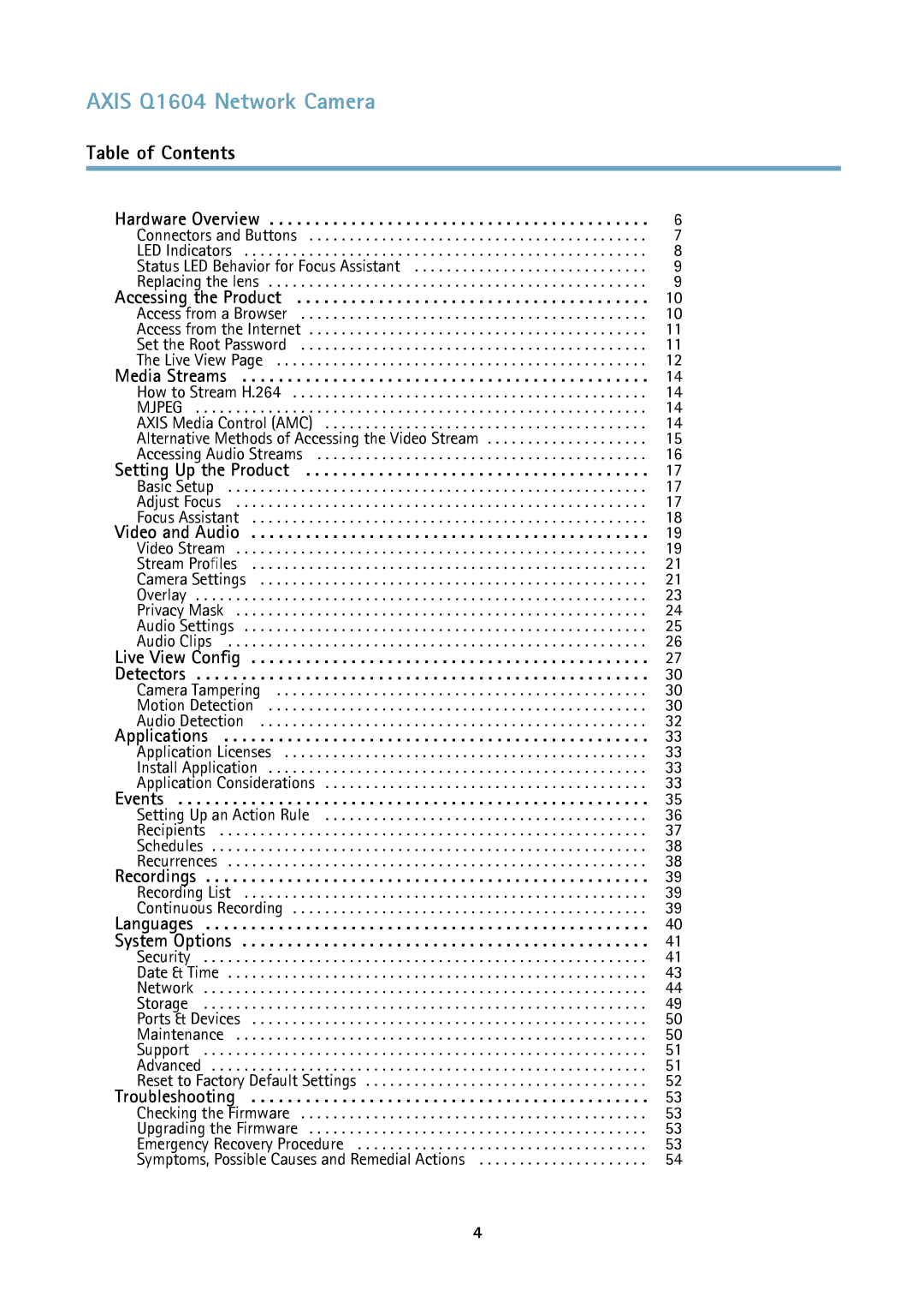 Axis Communications user manual Axis Q1604 Network Camera, Table of Contents 