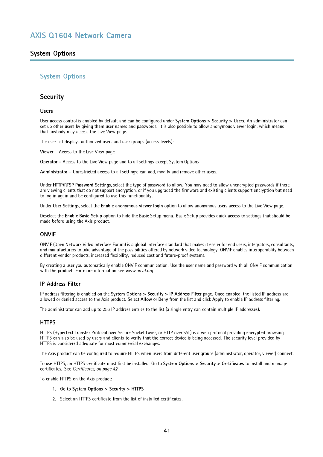 Axis Communications Q1604 user manual System Options, Security, Users, IP Address Filter 