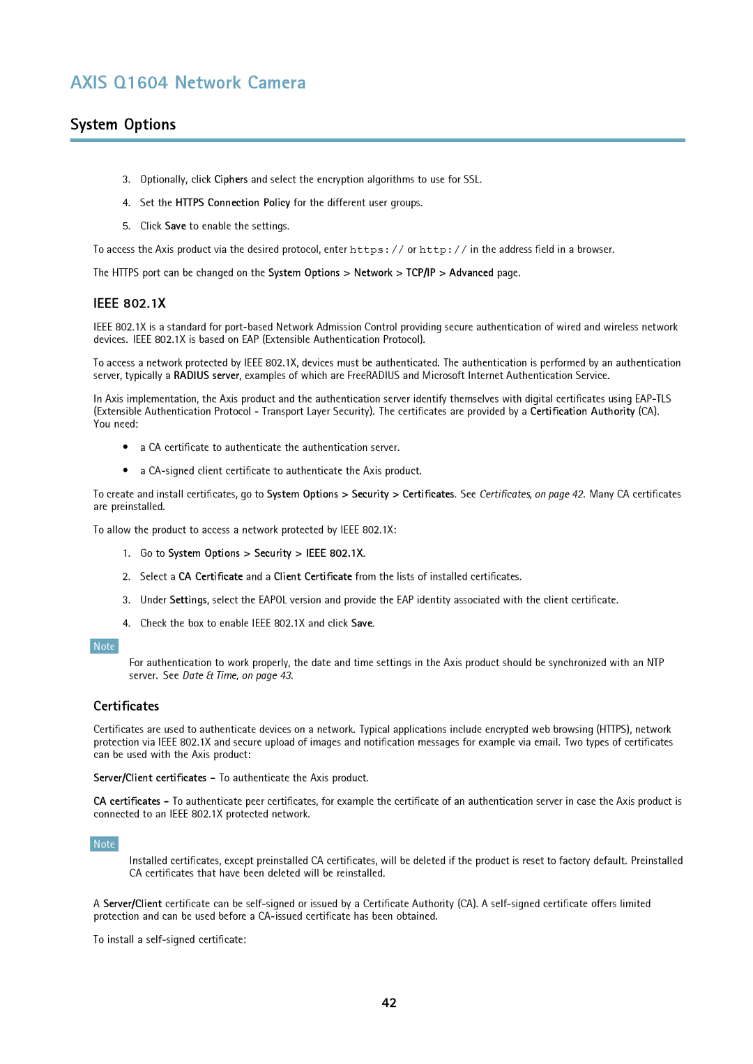 Axis Communications Q1604 user manual Certificates, Go to System Options Security Ieee 