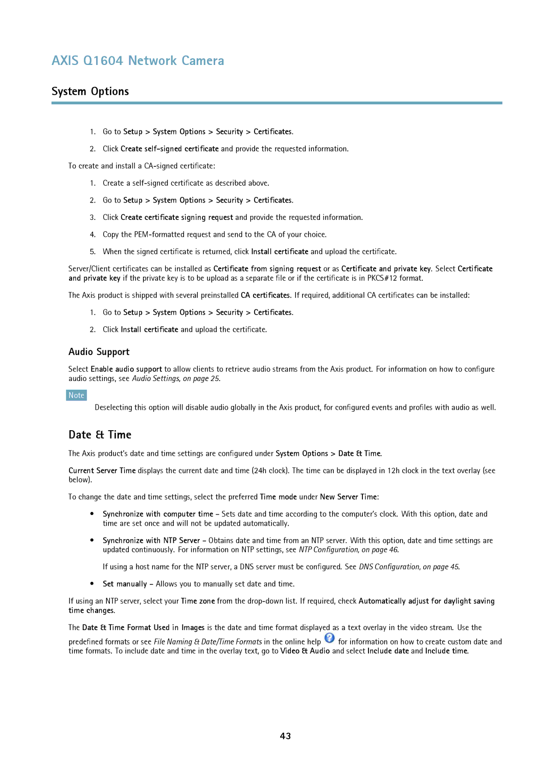 Axis Communications Q1604 user manual Date & Time, Audio Support, Go to Setup System Options Security Certificates 