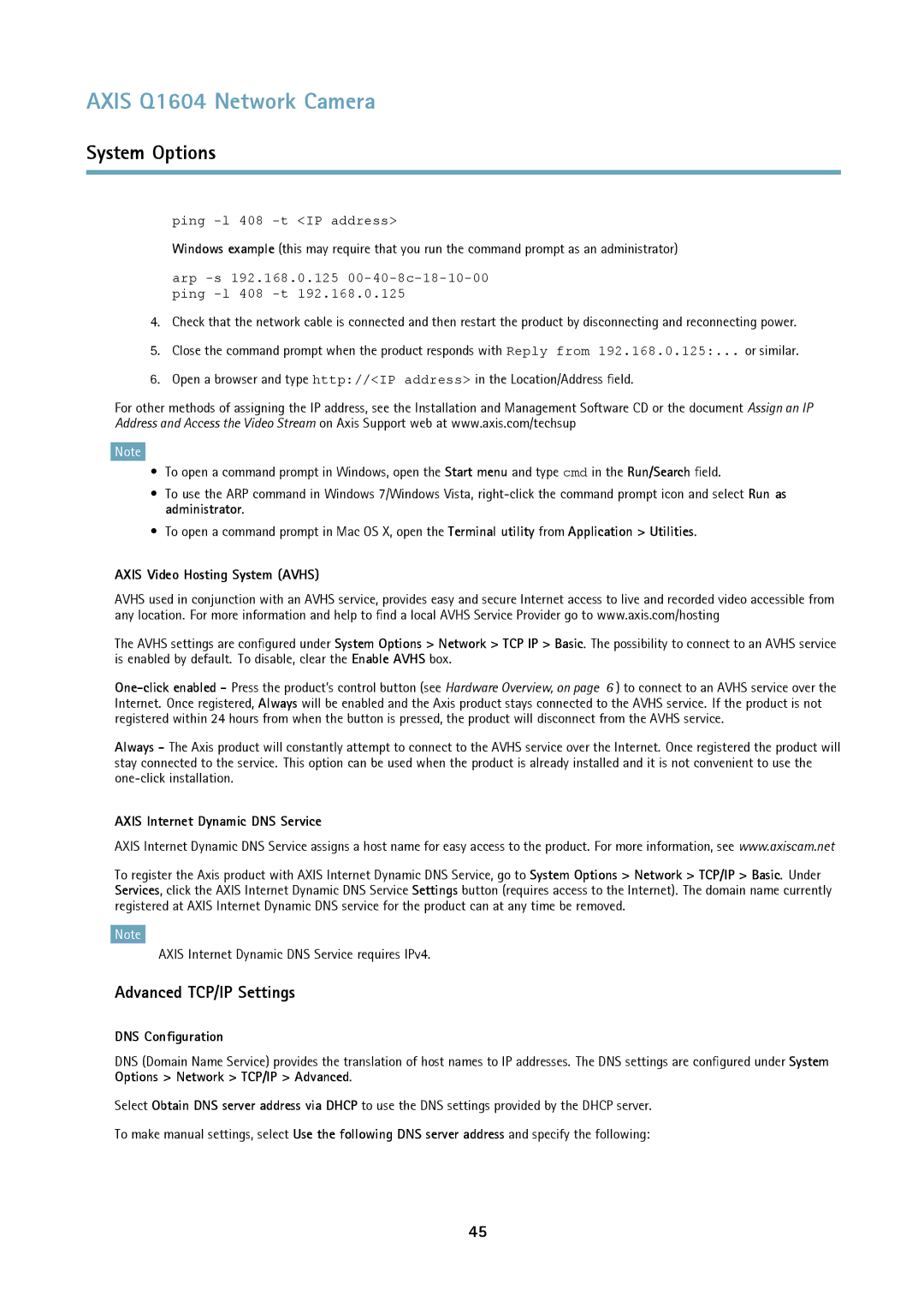 Axis Communications Q1604 Advanced TCP/IP Settings, Axis Video Hosting System Avhs, Axis Internet Dynamic DNS Service 