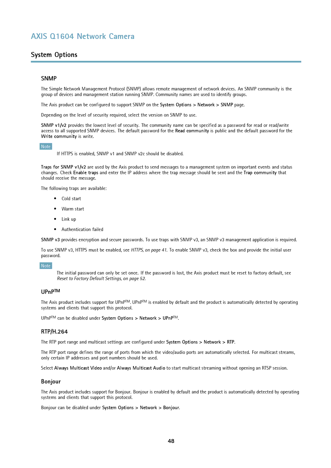 Axis Communications Q1604 user manual RTP/H.264, Bonjour, UPnPTM can be disabled under System Options Network UPnPTM 