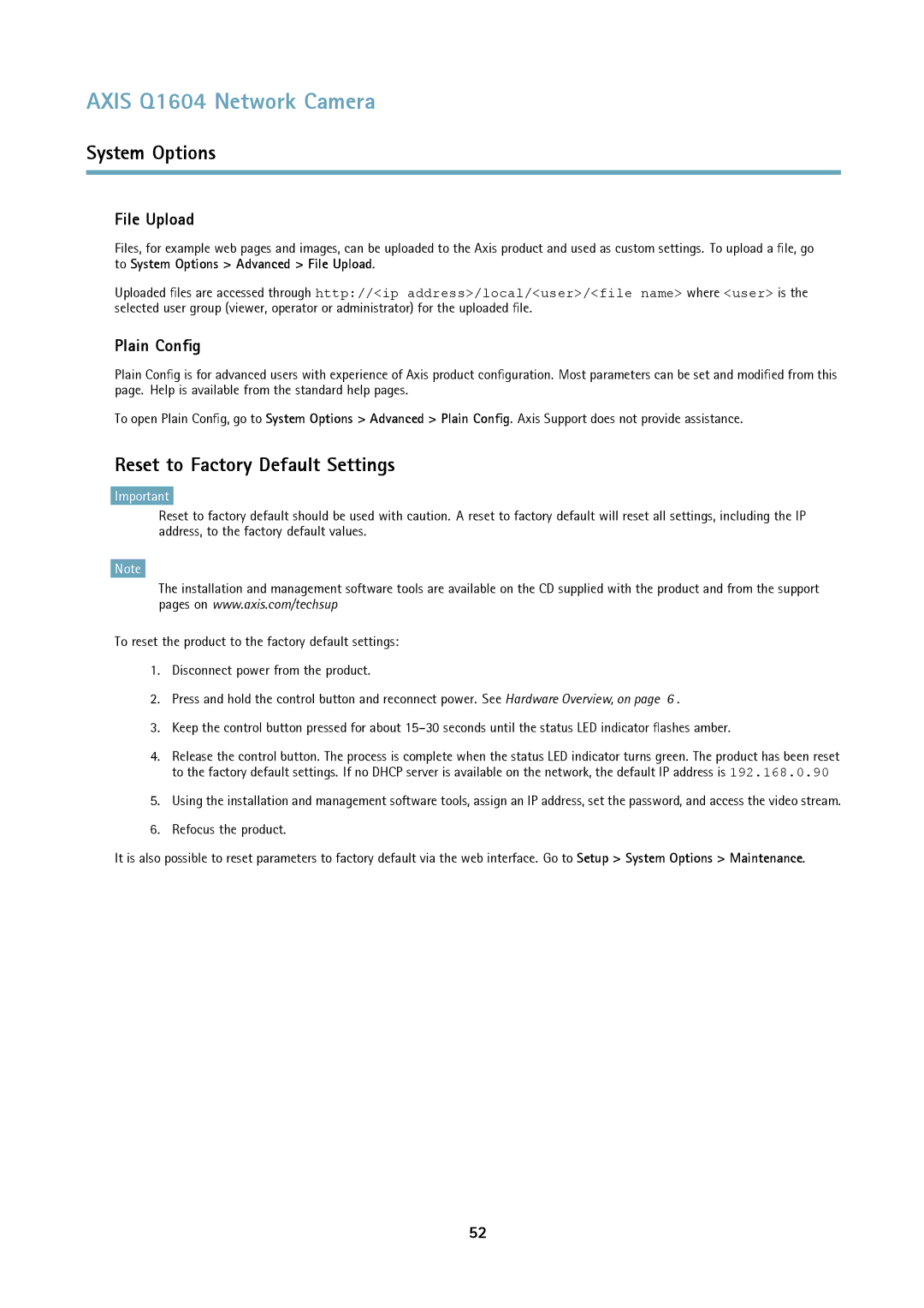 Axis Communications Q1604 user manual Reset to Factory Default Settings, File Upload, Plain Config 