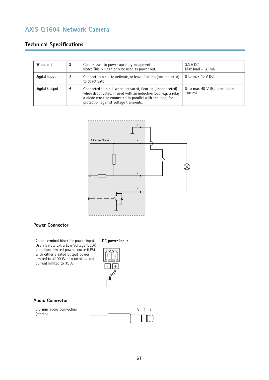 Axis Communications Q1604 To deactivate Digital Output, To max 40 V DC, open drain, 100 mA, Mm audio connectors stereo 