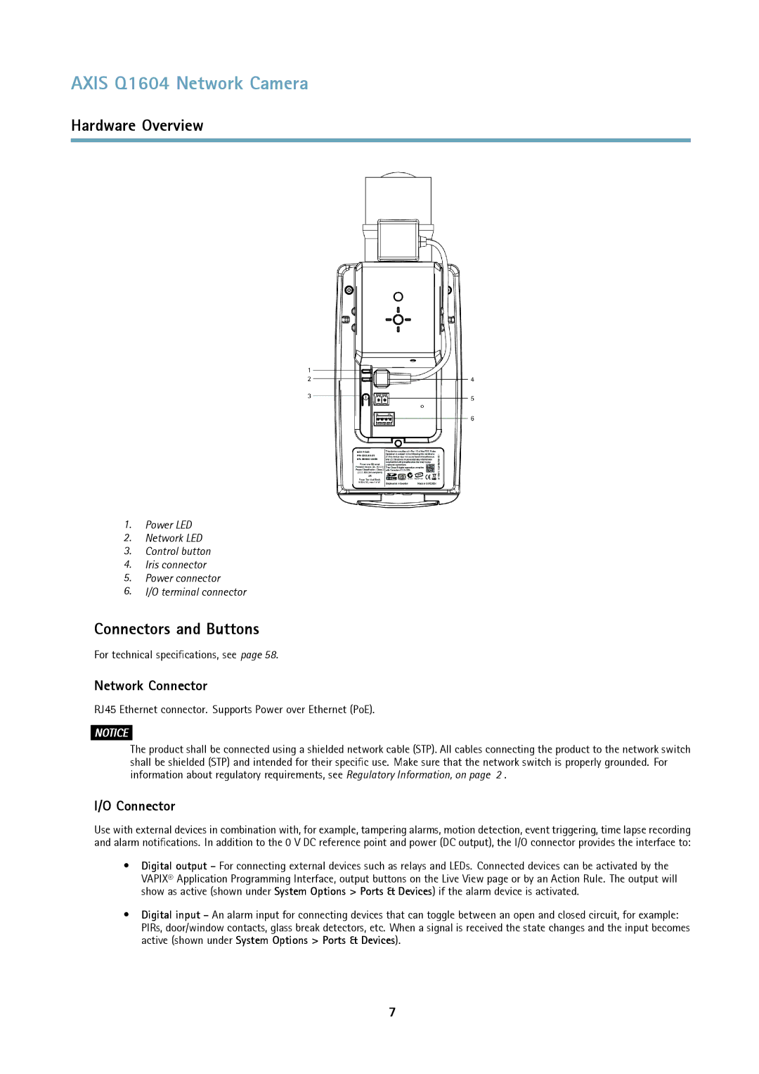 Axis Communications Q1604 user manual Connectors and Buttons, Network Connector, For technical specifications, see 