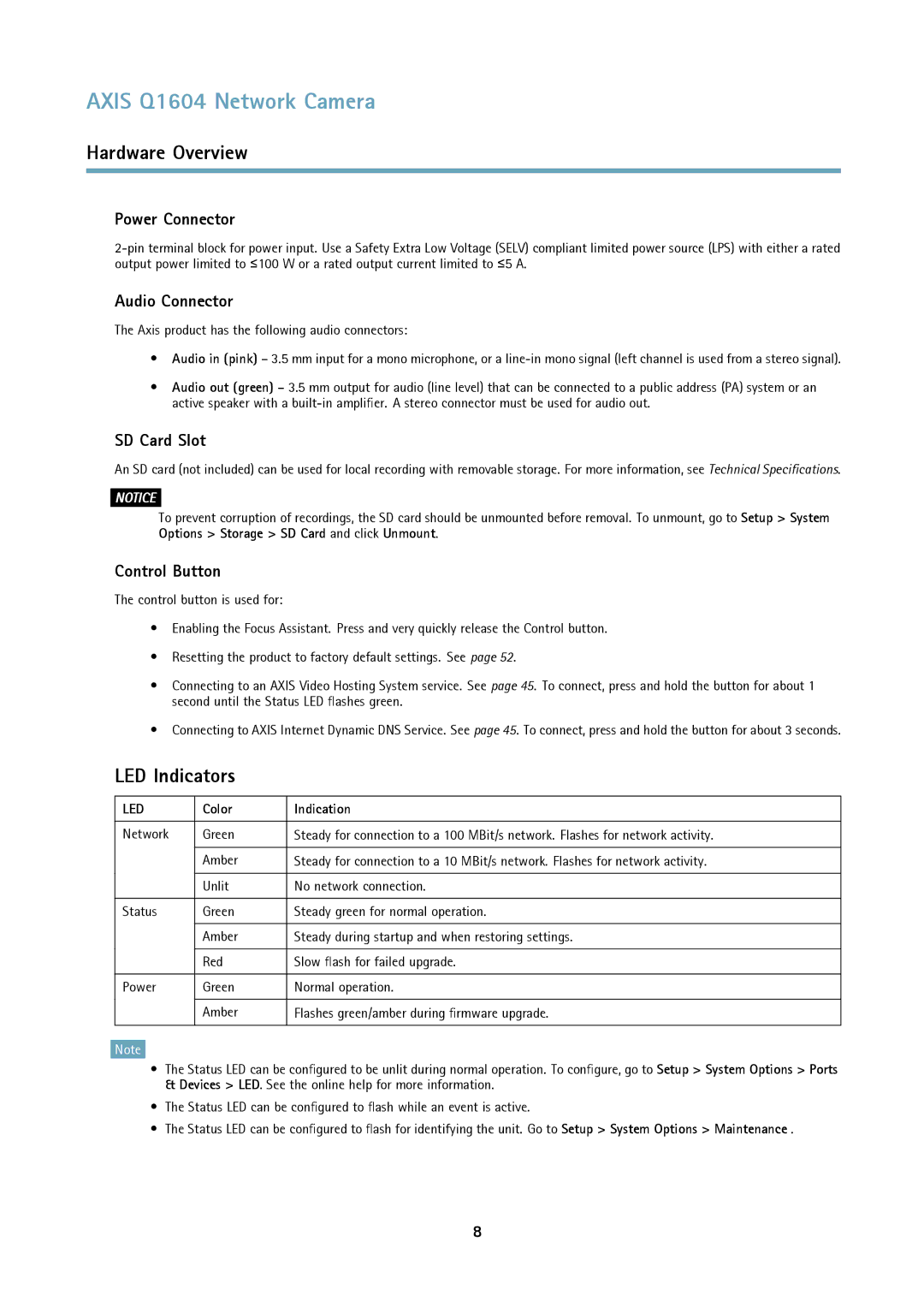 Axis Communications Q1604 user manual LED Indicators, Power Connector, Audio Connector, SD Card Slot, Control Button 