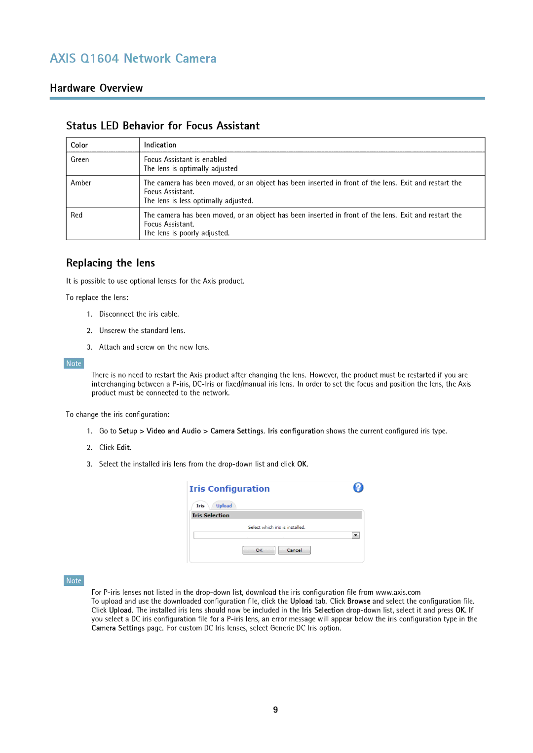 Axis Communications Q1604 user manual Hardware Overview Status LED Behavior for Focus Assistant, Replacing the lens, Color 