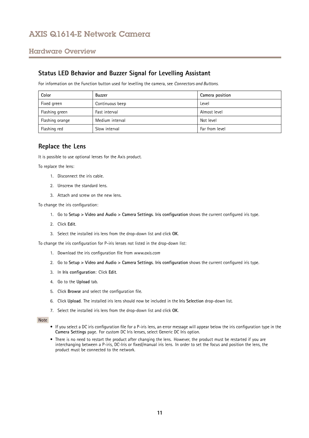 Axis Communications Q1614-E user manual Replace the Lens, Color Buzzer Camera position 