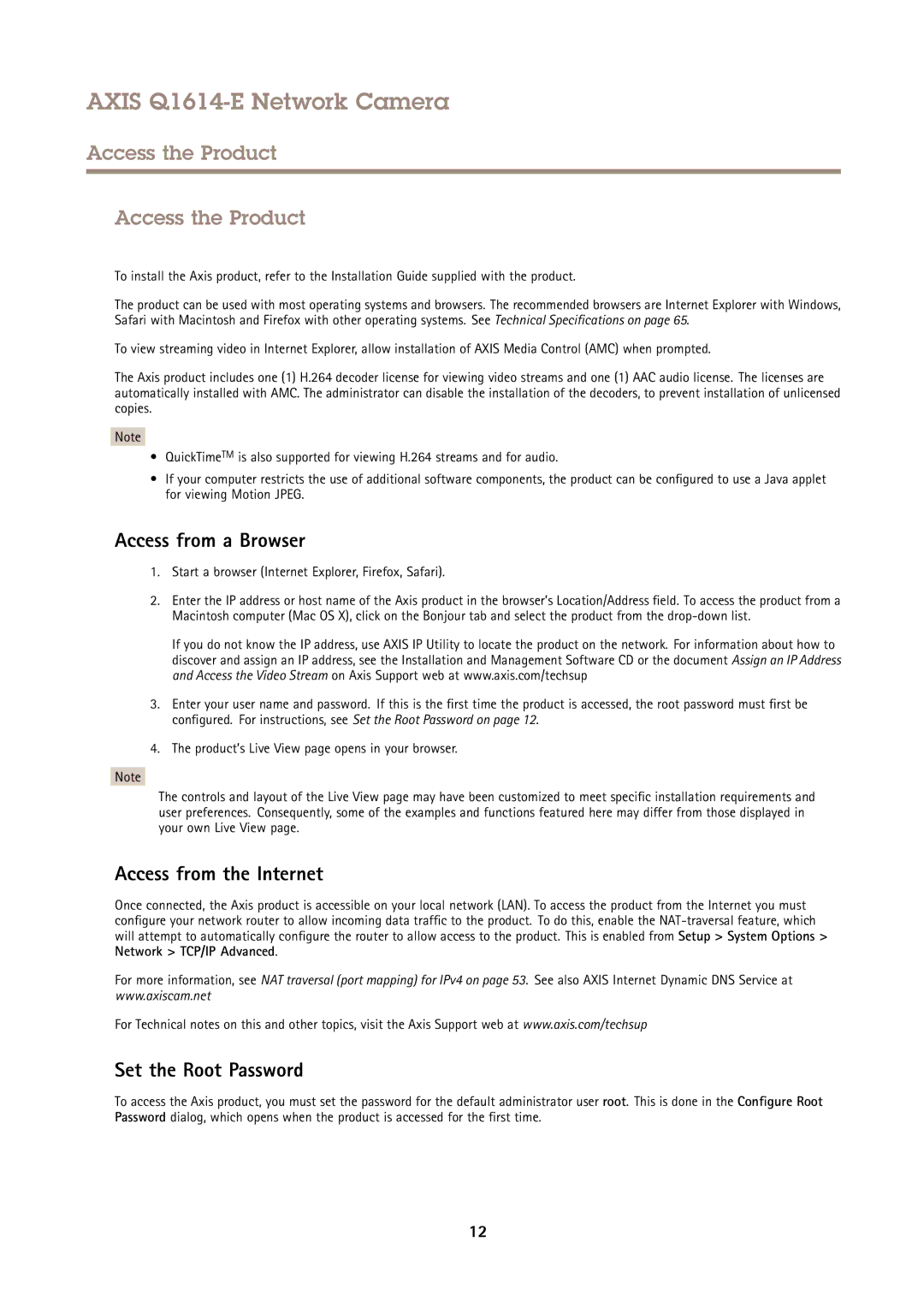 Axis Communications Q1614-E Access the Product, Access from a Browser, Access from the Internet, Set the Root Password 