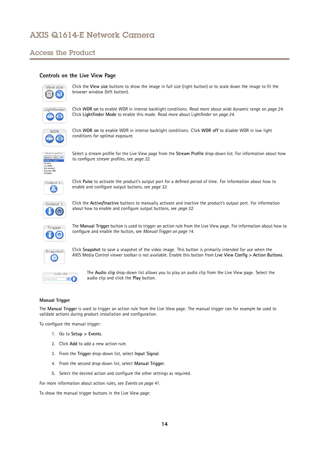 Axis Communications Q1614-E user manual Controls on the Live View, Manual Trigger, Go to Setup Events 