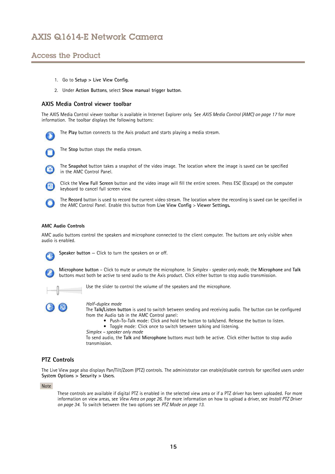 Axis Communications Q1614-E user manual Axis Media Control viewer toolbar, PTZ Controls, AMC Audio Controls 