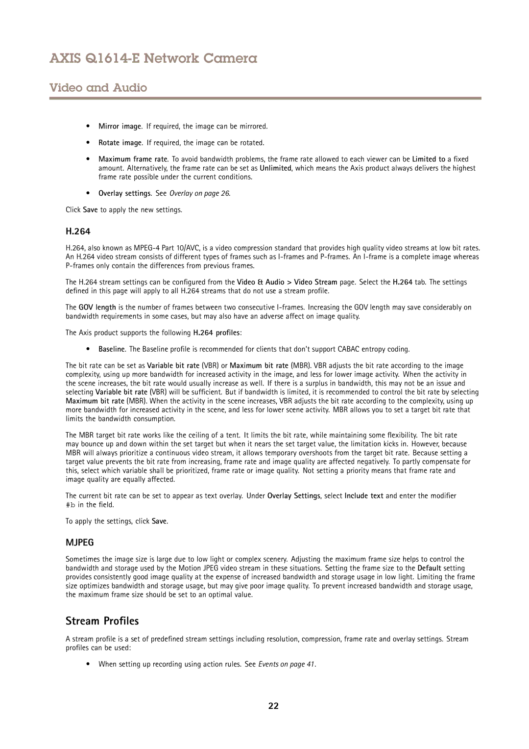 Axis Communications Q1614-E user manual Stream Profiles, 264, Click Save to apply the new settings 