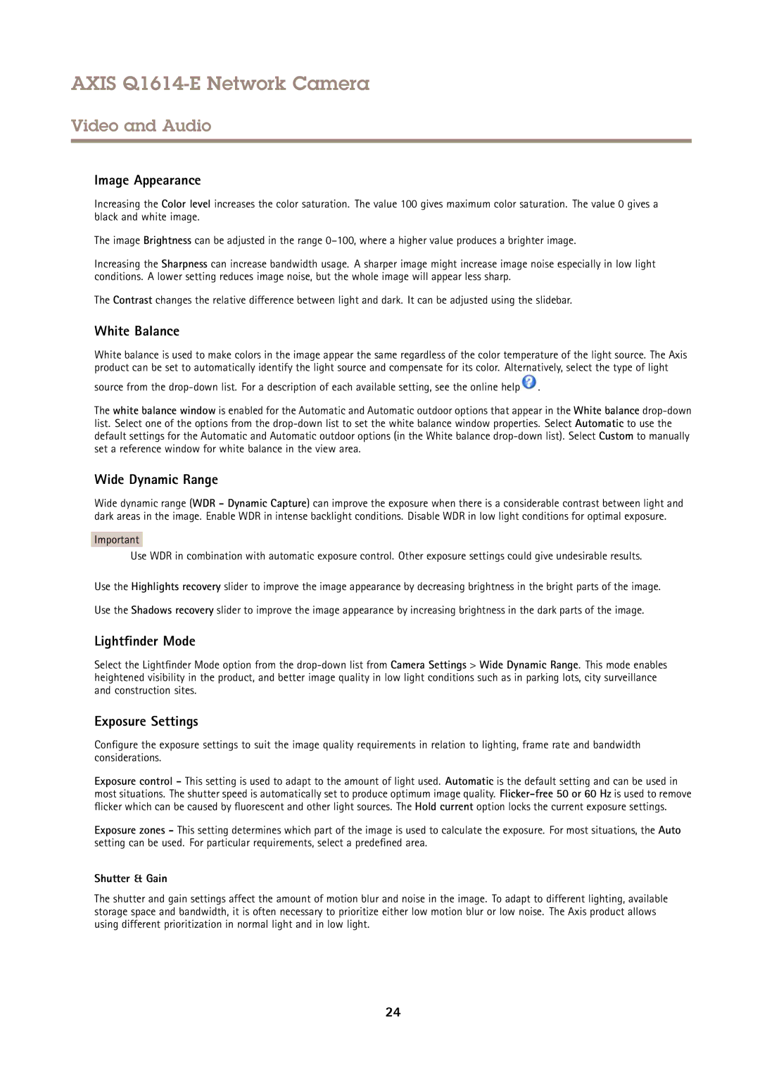 Axis Communications Q1614-E Image Appearance, White Balance, Wide Dynamic Range, Lightfinder Mode, Exposure Settings 