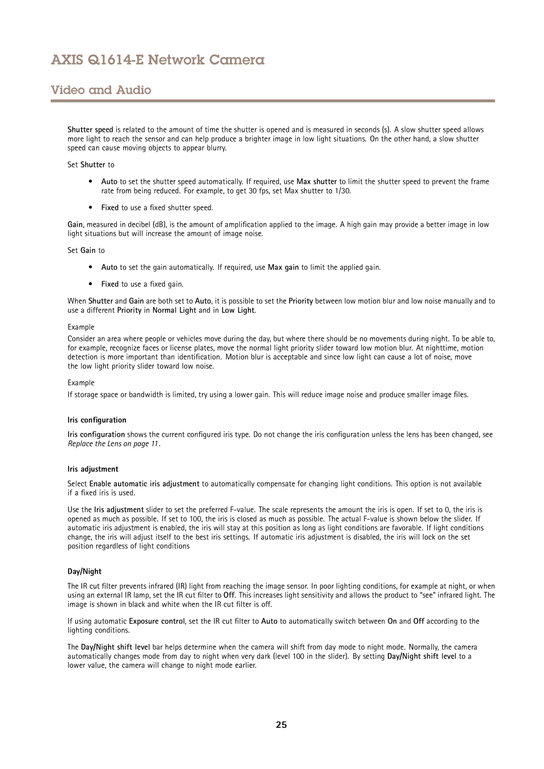 Axis Communications Q1614-E user manual Set Shutter to, Iris configuration, Iris adjustment, Day/Night 