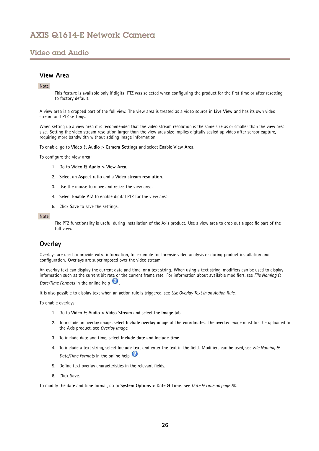 Axis Communications Q1614-E user manual View Area, Overlay, To configure the view area 