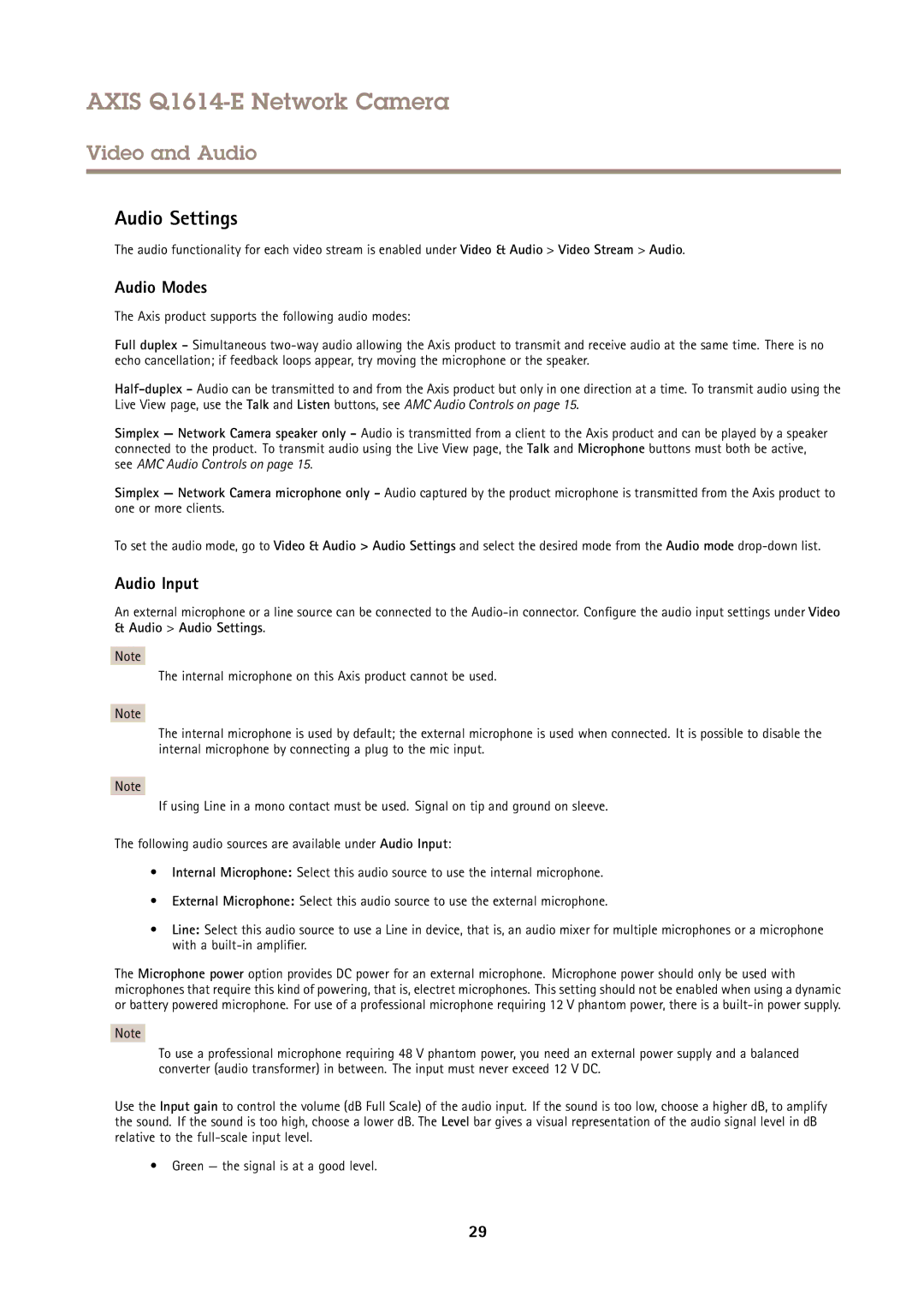 Axis Communications Q1614-E user manual Audio Settings, Audio Modes, Audio Input 