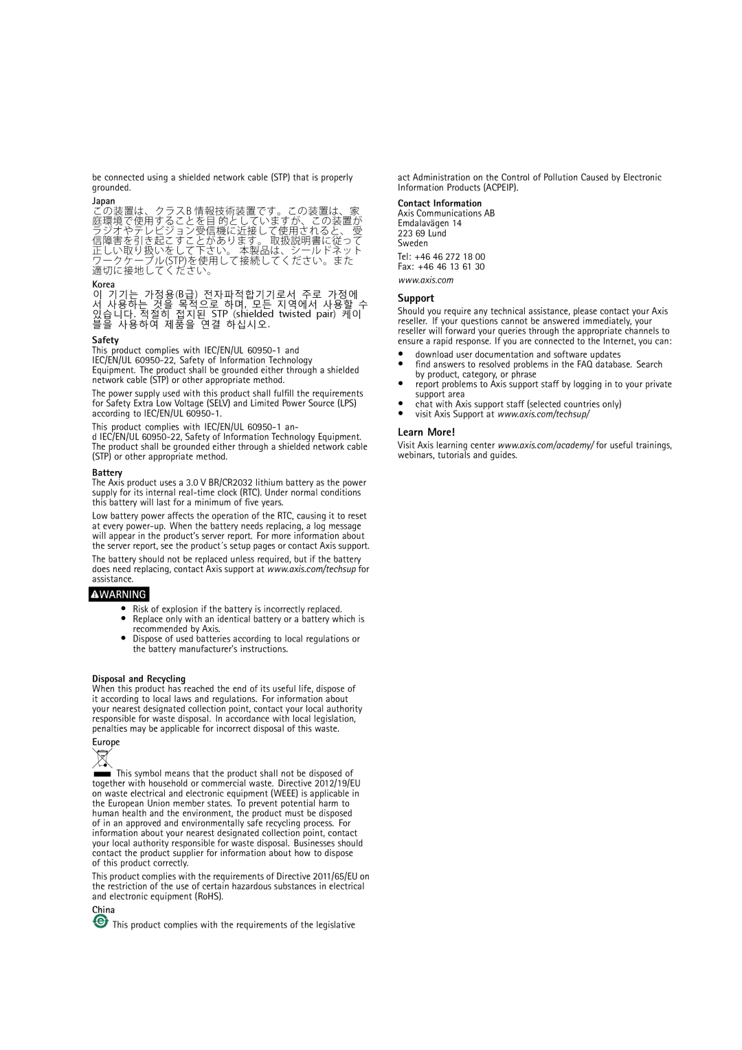 Axis Communications Q1614-E user manual Support, Learn More 