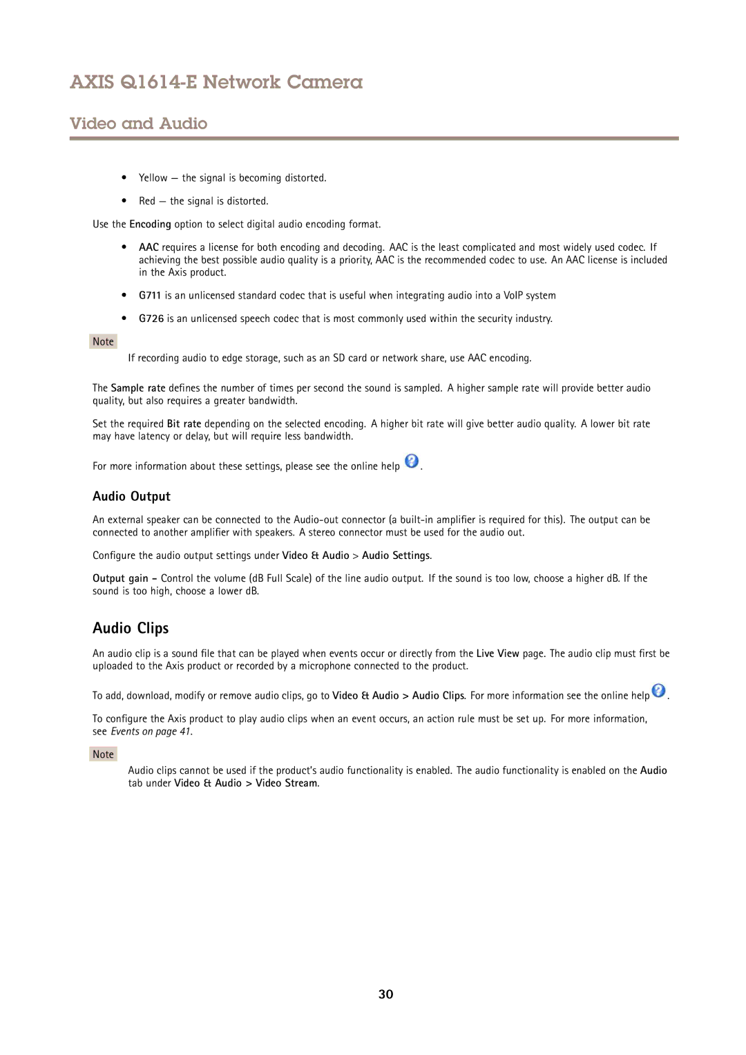 Axis Communications Q1614-E user manual Audio Clips, Audio Output 