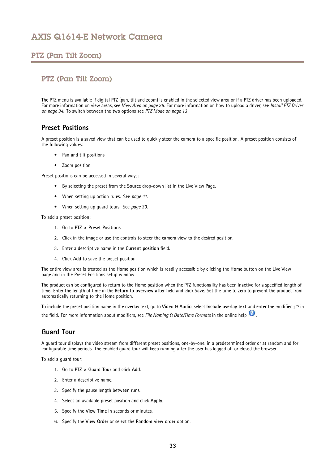 Axis Communications Q1614-E user manual PTZ Pan Tilt Zoom, Guard Tour, Go to PTZ Preset Positions 