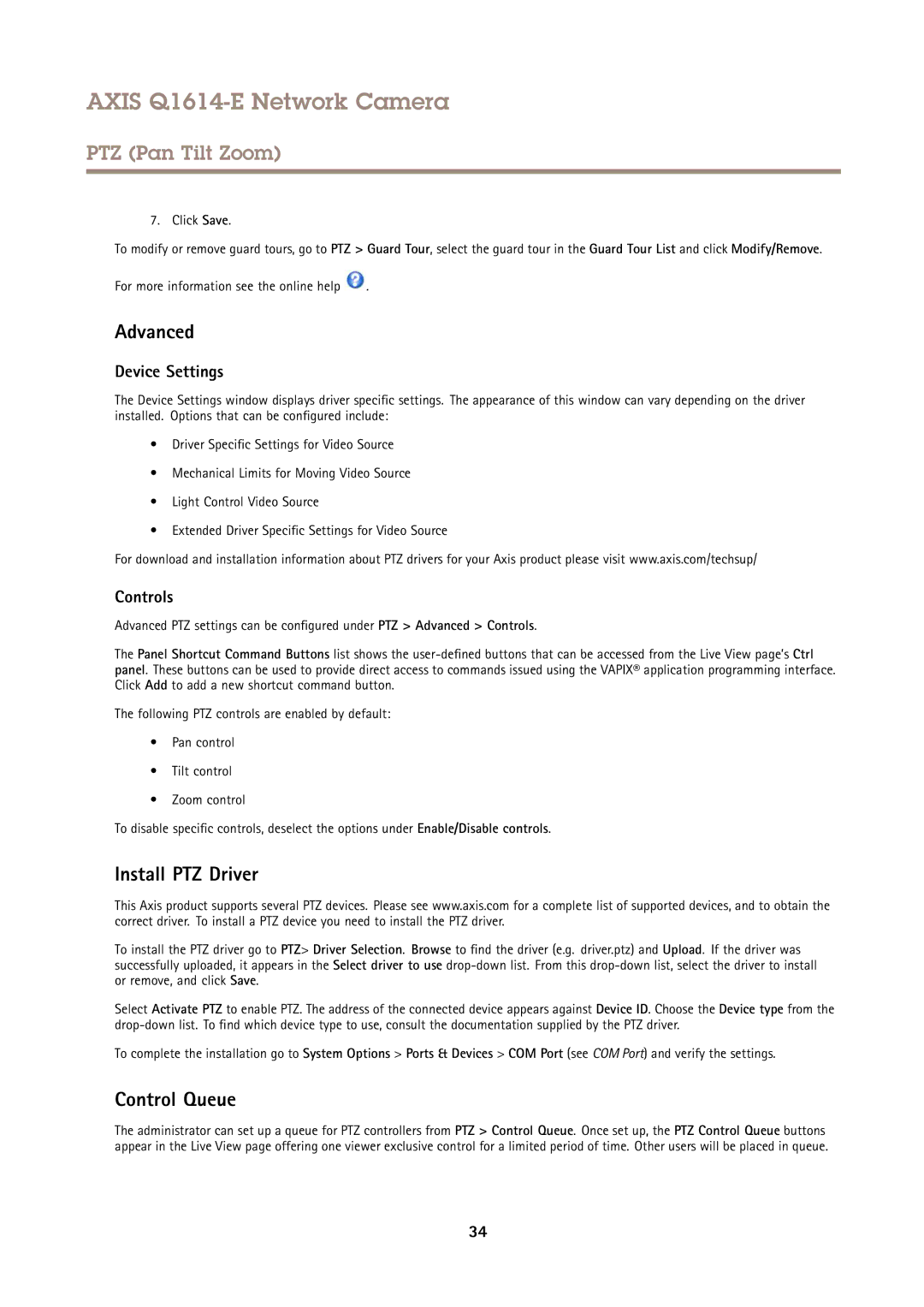 Axis Communications Q1614-E user manual Advanced, Install PTZ Driver, Control Queue, Device Settings, Controls 