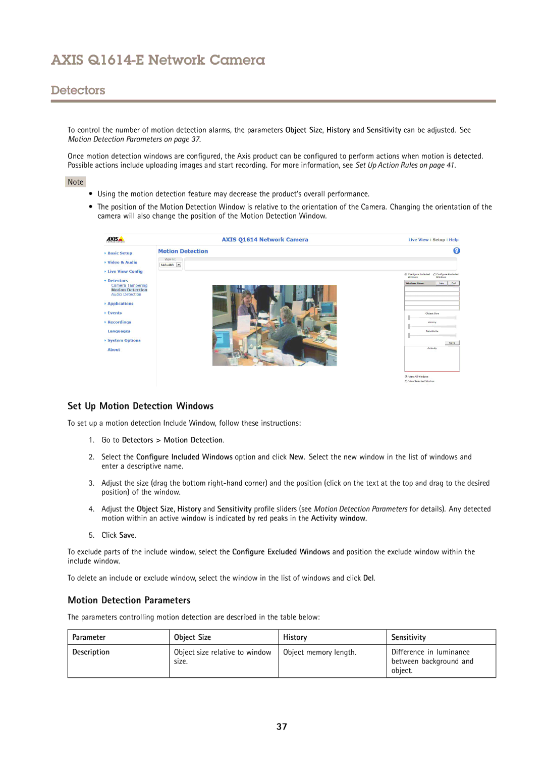Axis Communications Q1614-E Set Up Motion Detection Windows, Motion Detection Parameters, Go to Detectors Motion Detection 