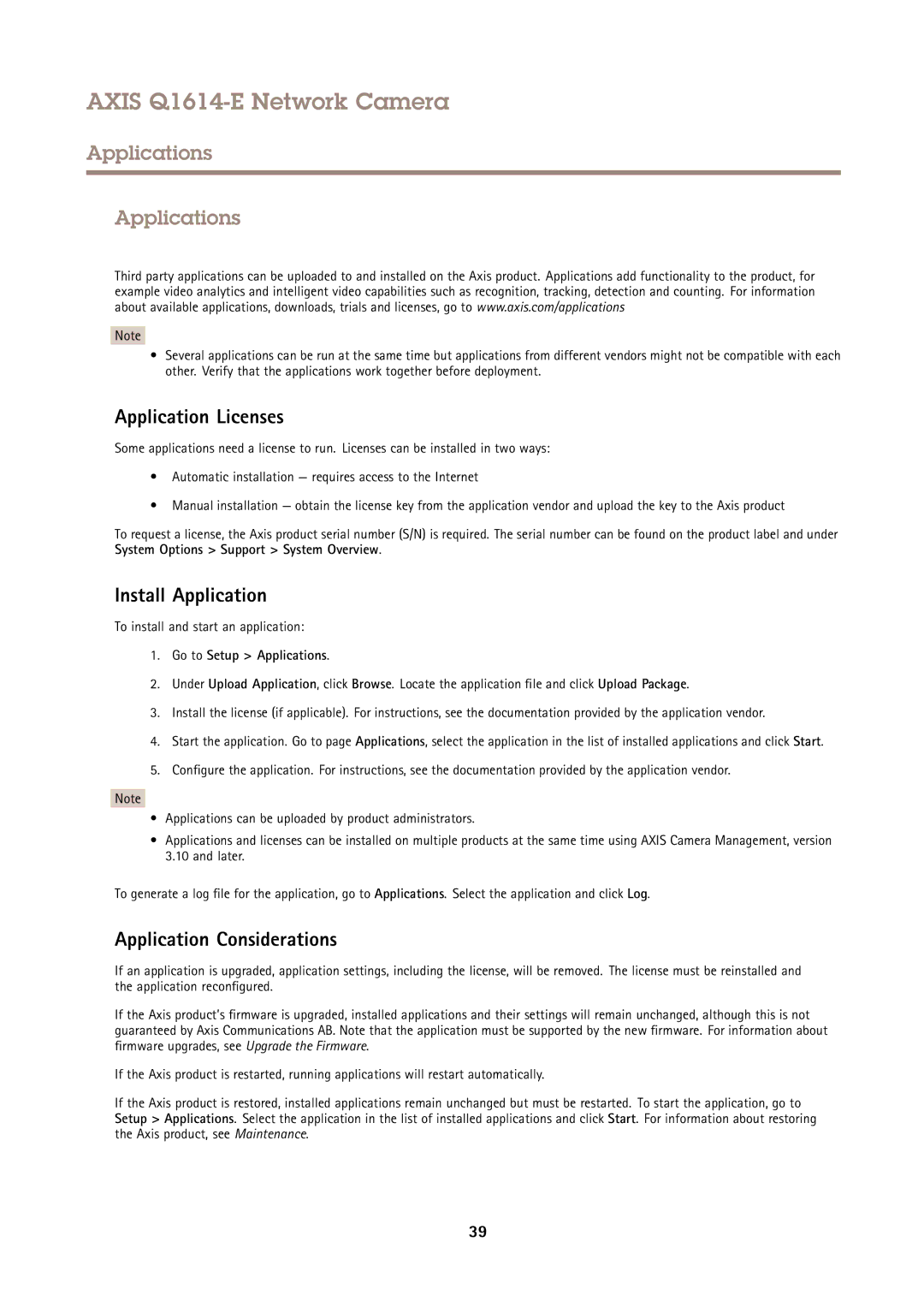 Axis Communications Q1614-E user manual Applications, Application Licenses, Install Application, Application Considerations 