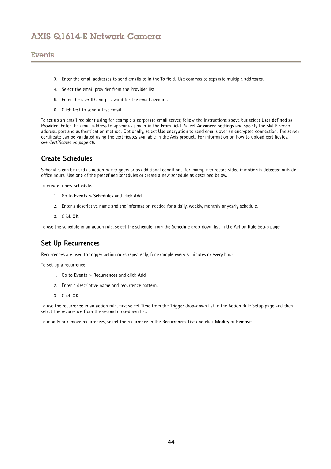 Axis Communications Q1614-E user manual Create Schedules, Set Up Recurrences, To create a new schedule 