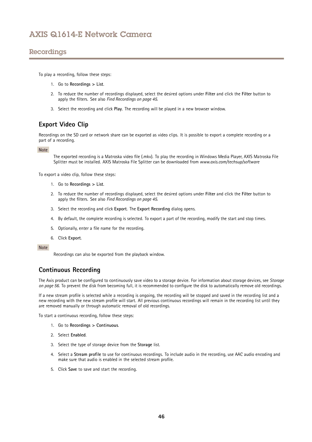 Axis Communications Q1614-E user manual Export Video Clip, Continuous Recording, To play a recording, follow these steps 