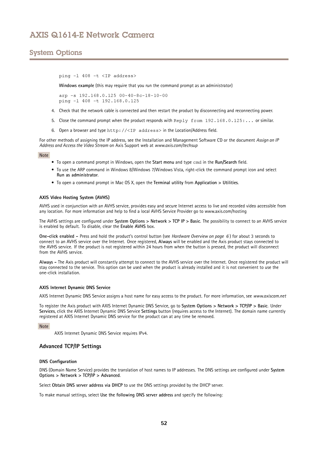 Axis Communications Q1614-E Advanced TCP/IP Settings, Axis Video Hosting System Avhs, Axis Internet Dynamic DNS Service 