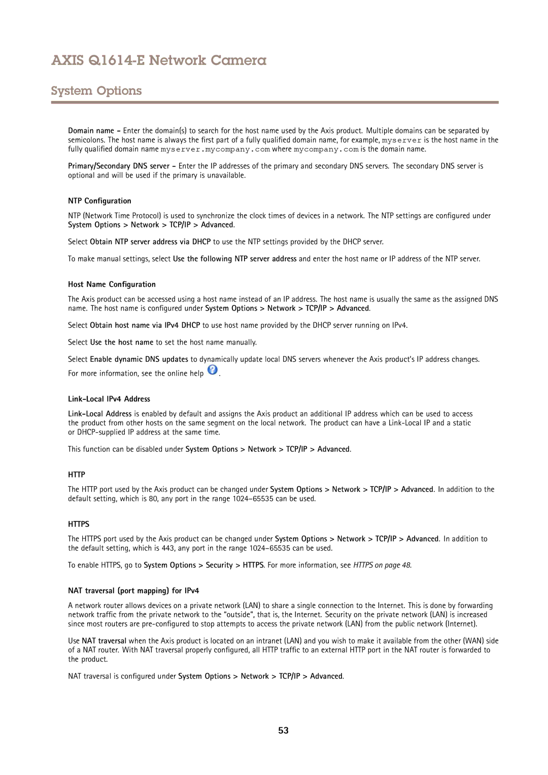 Axis Communications Q1614-E user manual NTP Configuration, Host Name Configuration, Link-Local IPv4 Address 