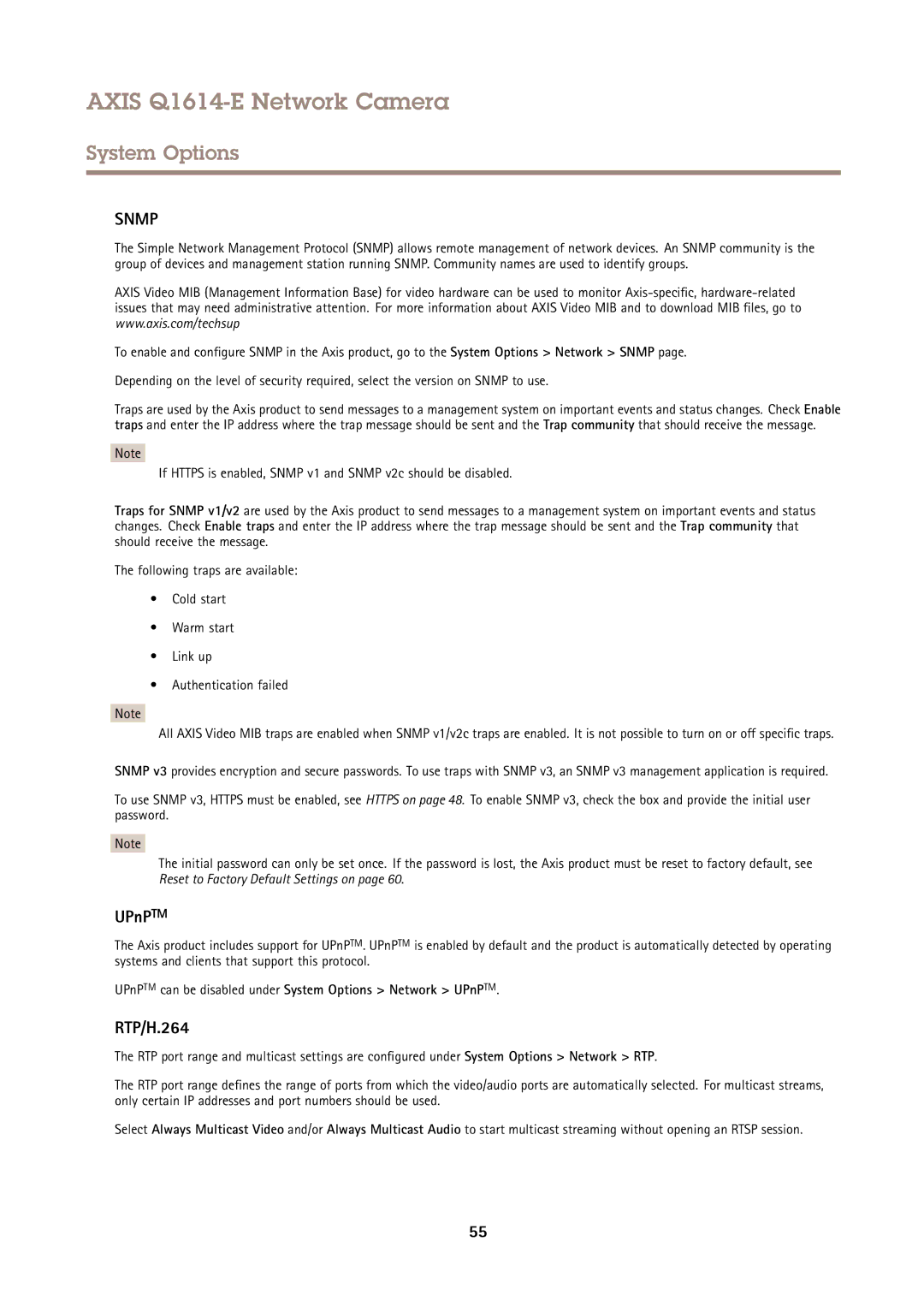 Axis Communications Q1614-E user manual RTP/H.264, UPnPTM can be disabled under System Options Network UPnPTM 