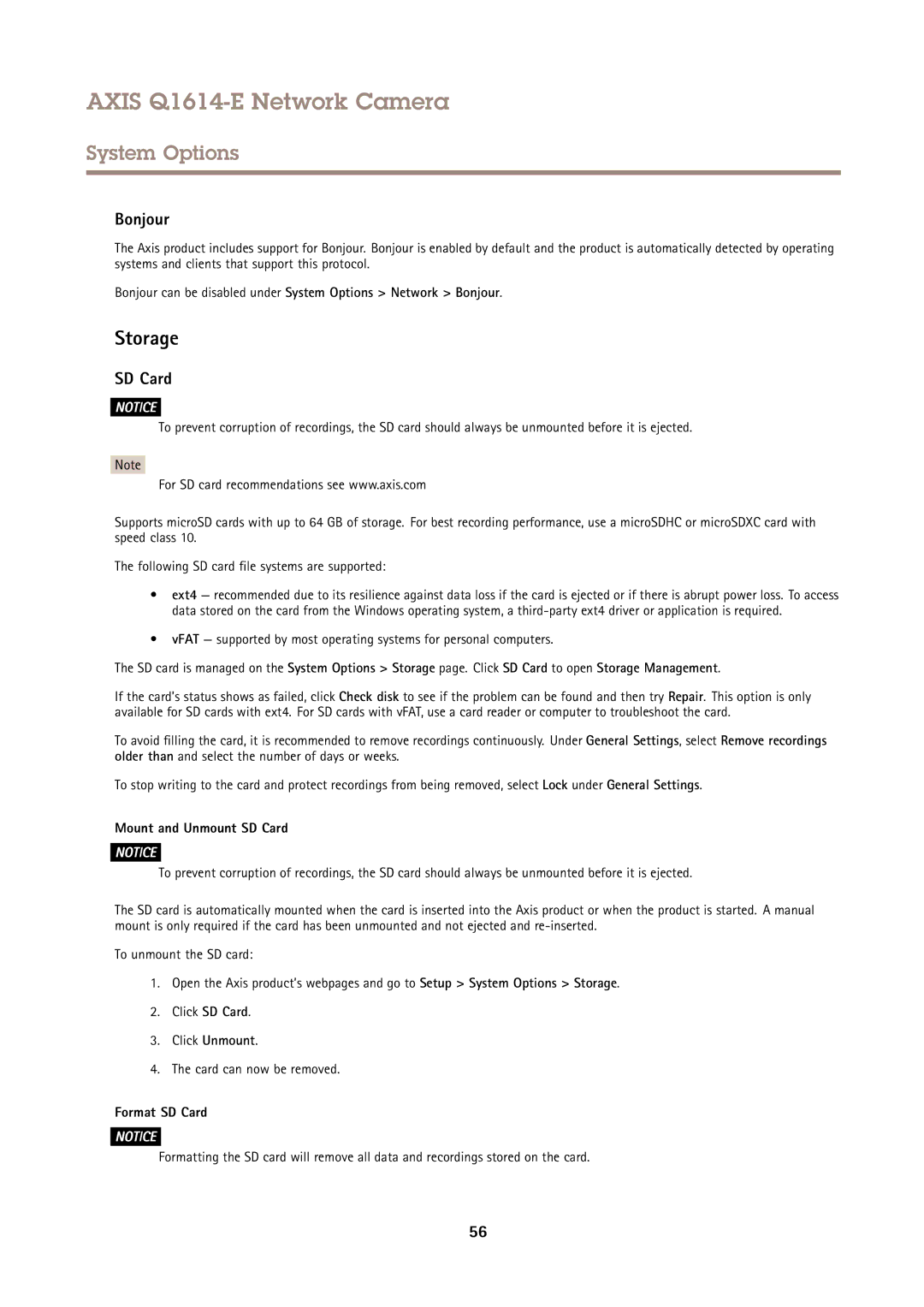 Axis Communications Q1614-E user manual Storage, Bonjour, Mount and Unmount SD Card, Format SD Card 