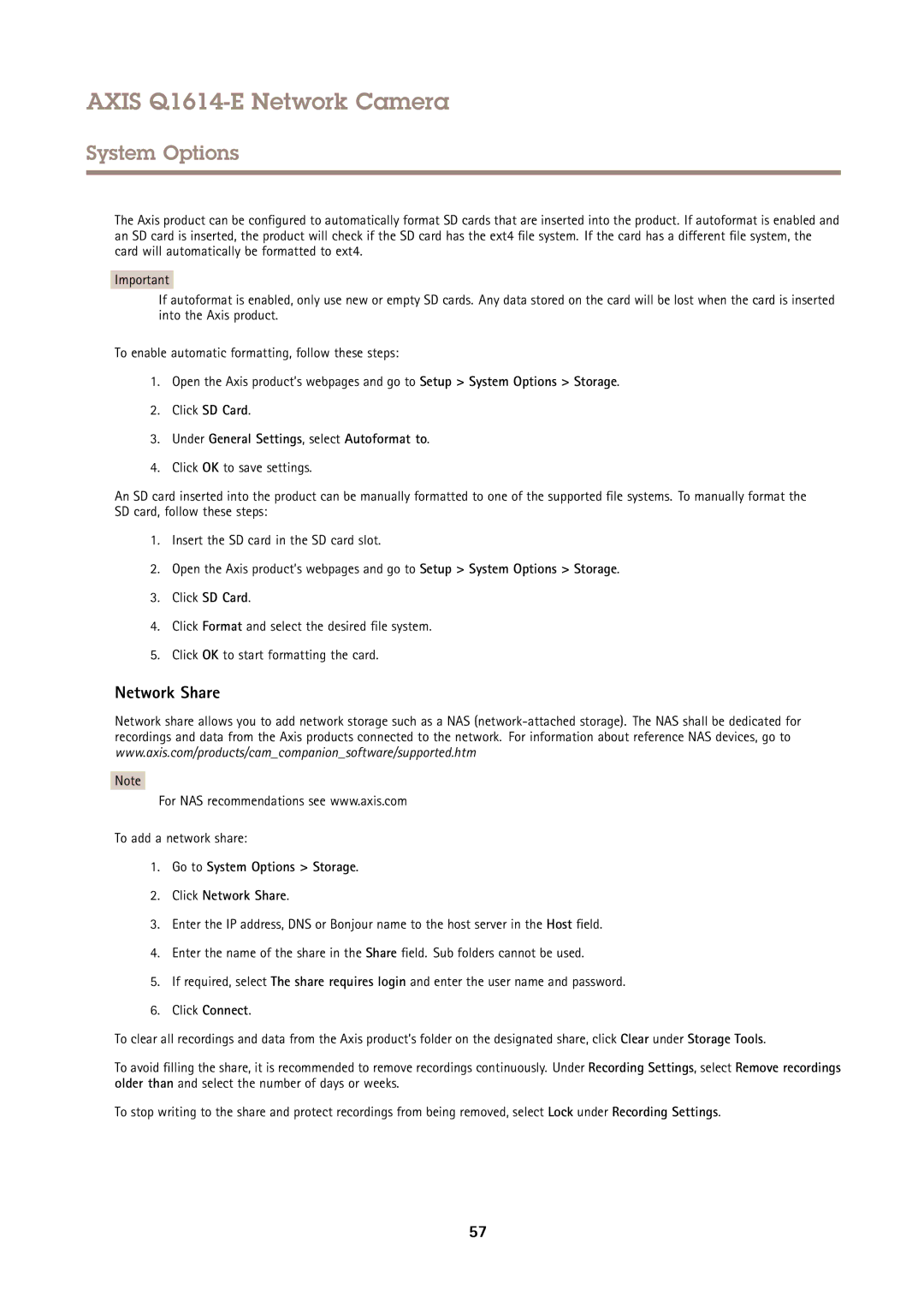 Axis Communications Q1614-E user manual Network Share, Under General Settings, select Autoformat to, To add a network share 