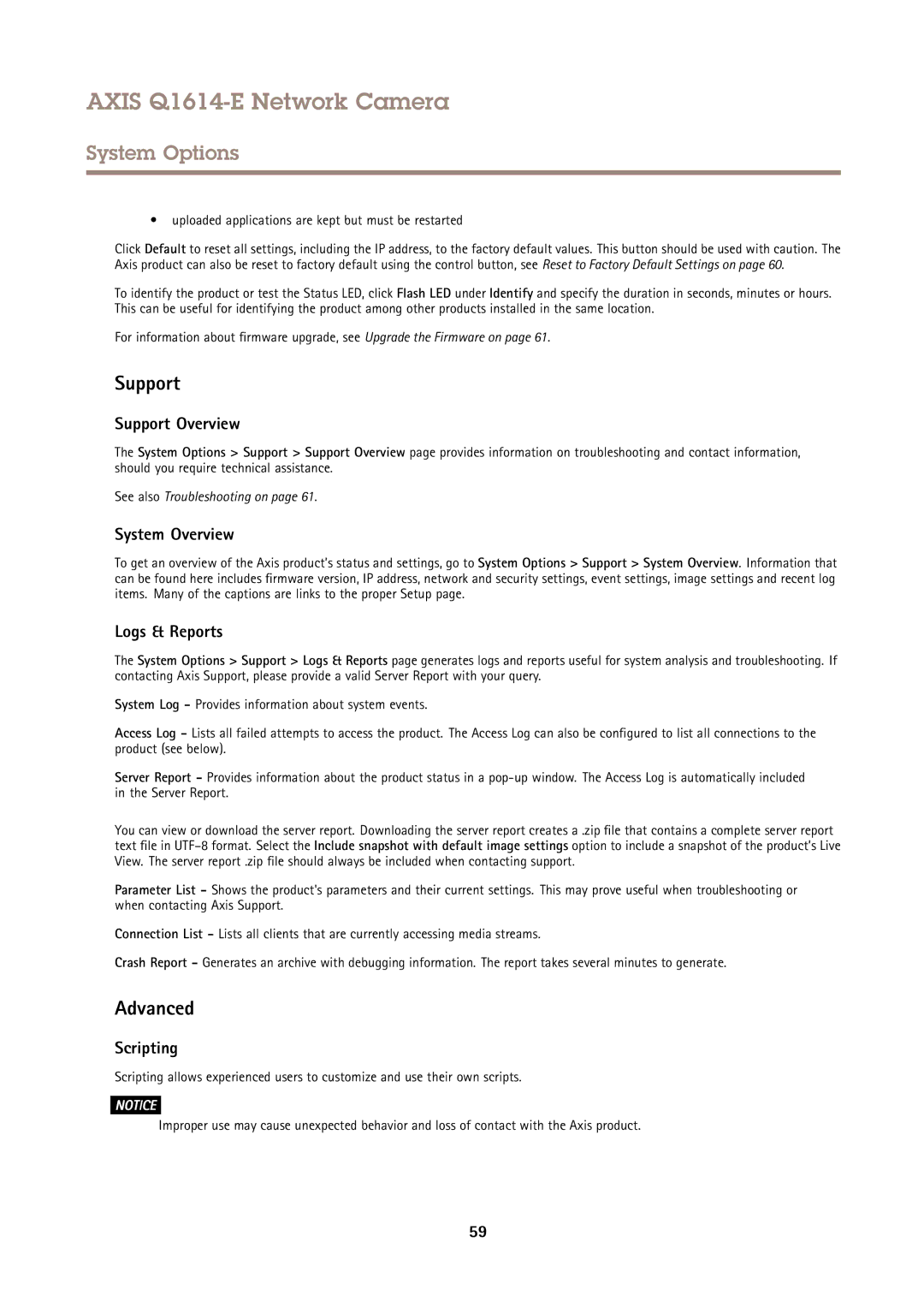 Axis Communications Q1614-E user manual Support Overview, System Overview, Logs & Reports, Scripting 