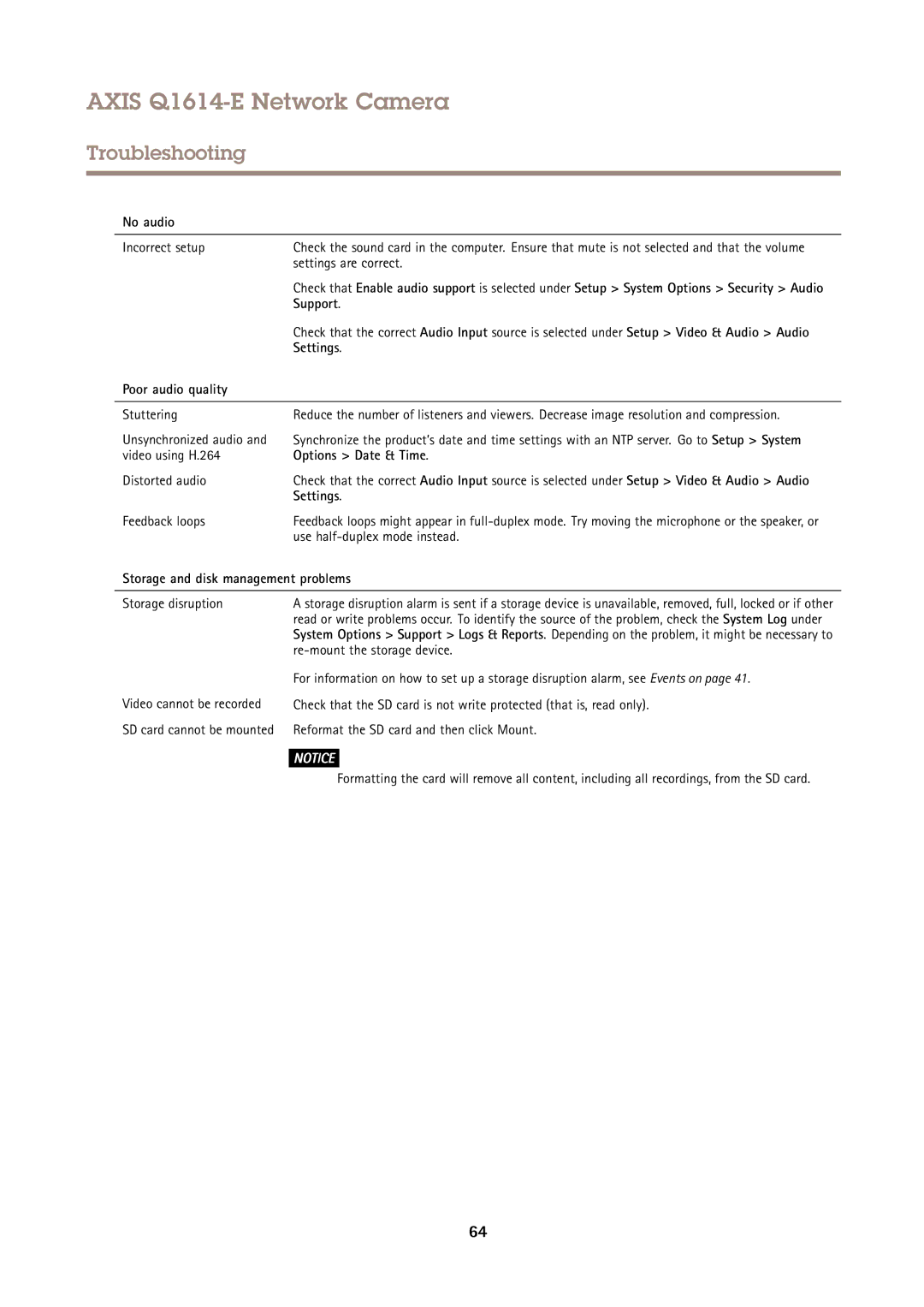 Axis Communications Q1614-E user manual No audio, Settings, Poor audio quality, Options Date & Time 